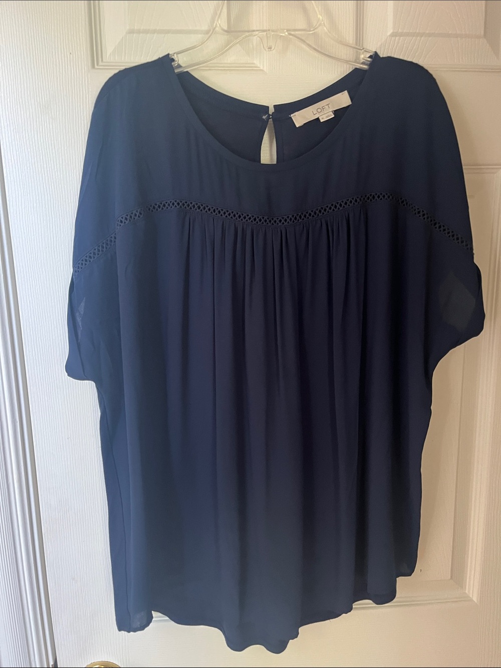 LOFT Navy Pleated Crochet-Trim Short Sleeve Blouse